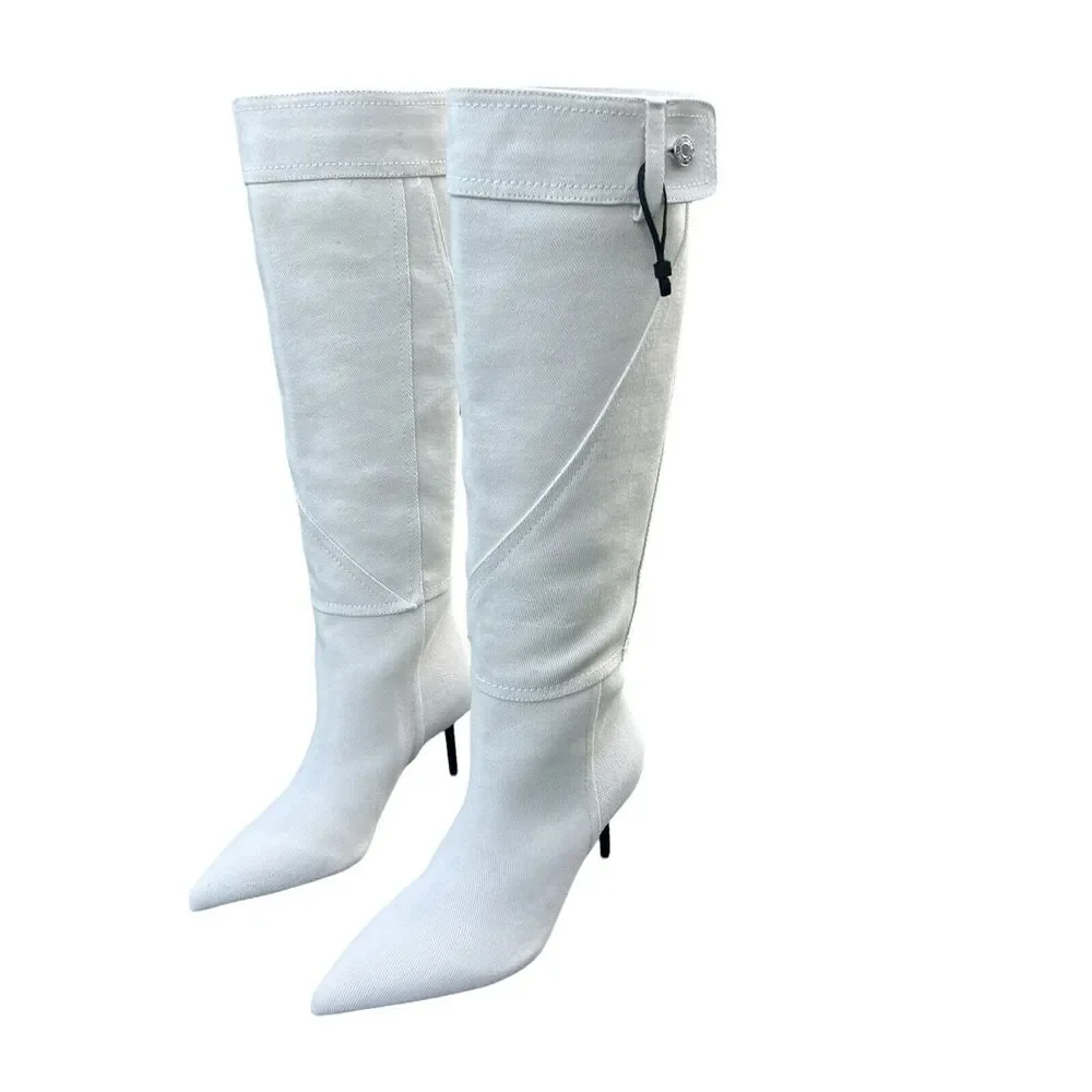 Zara Women Denim High Heel Knee High Pointed Toe Boots Beige Size EU 39 US 8 - Picture 3 of 14